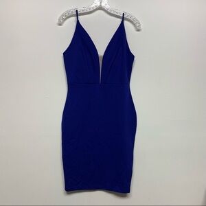 Cefian Large Dress Blue Deep V Spaghetti Strap Front Mesh Detail Midi Party NWOT